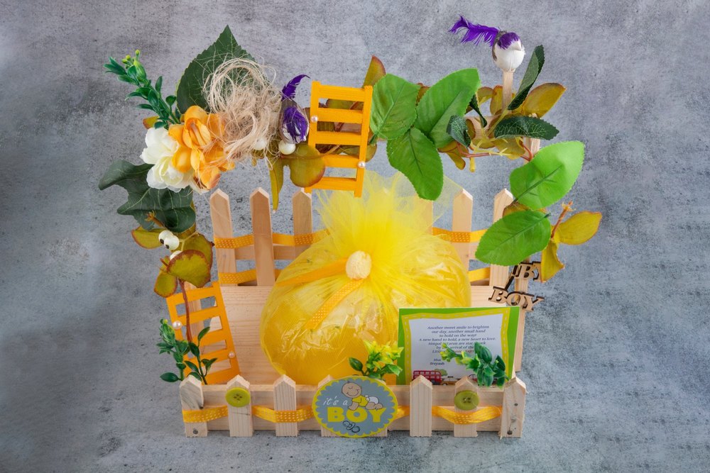 Yellow Wooden Baby Announcement Gift Hamper, For Gifting