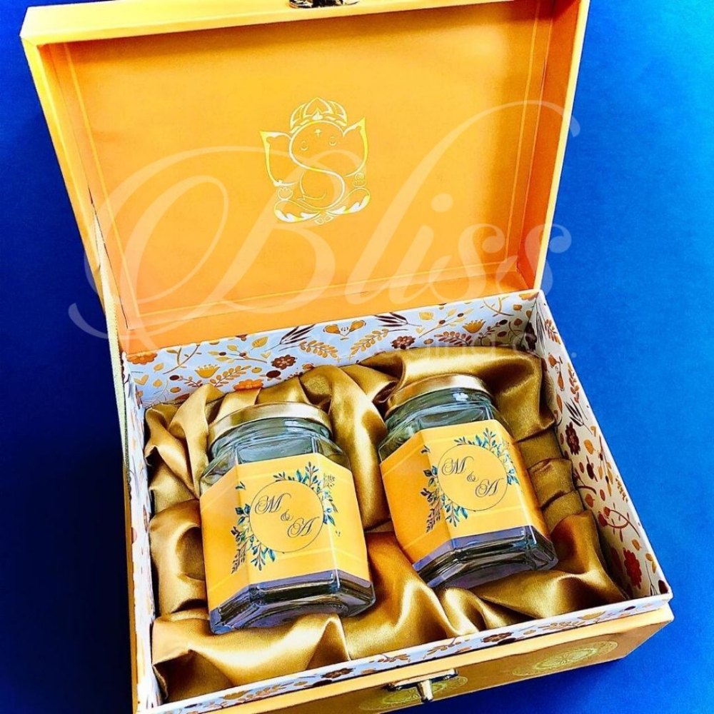 Rectangle Brown Gold Foiled Wedding Invitation Box with Glass Jars, Size/Dimension: 10x9 Inch