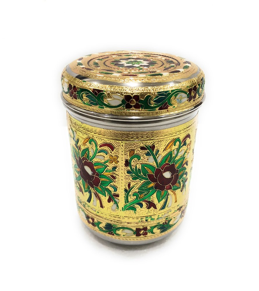 Navrang Rangoli Meenakari Steel Ubha Dabba For Home