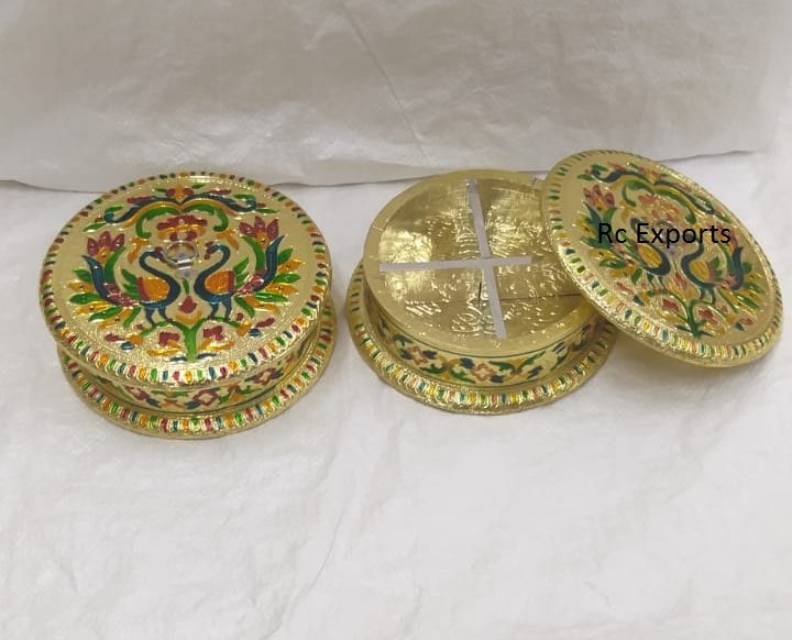 Golden Festival Round Shape Meenakari Work Wooden Dry Fruit Box, 1, Size/dimension: 8 X 8 Inch (w X H)