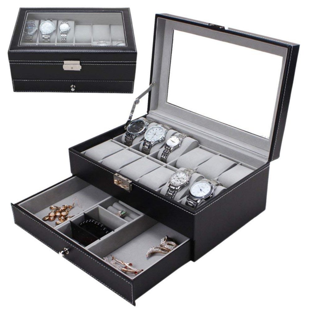 Multicolor 12 Slot And Drawer Men\'s/Women\'s Leather Watch Box Organizer Case