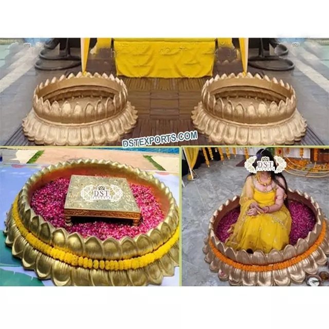 Golden Lotus Fiber Urli for Haldi Ceremony Decorative Fiber Urli for Haldi Fiber Tub for Bride