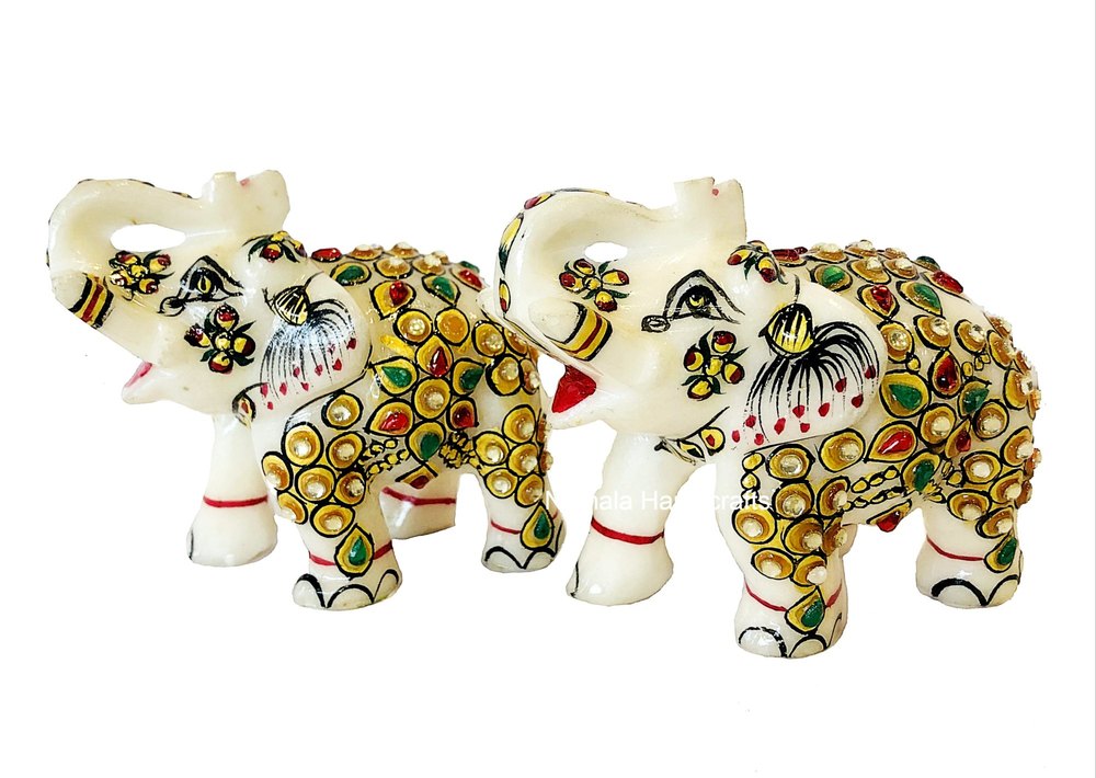 Traditional Nirmala Handicrafts Exporters Marble Elephant Statue Gold Stone Work, For Interior Decor