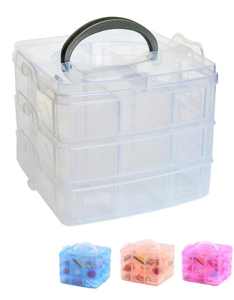 Emall Square 3 Layers 18 Grid Plastic Transparent Jewelry Storage Box