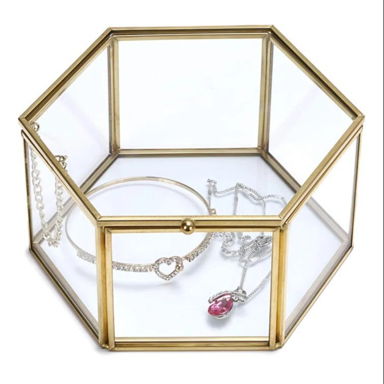 Hexagon Gold Glass Bidding Jewelry Box, For Home, Size/dimension: 6 X 6