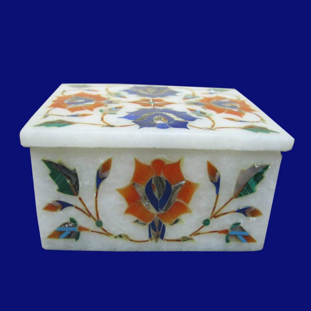 White Italian Marble - Alabaster Hand made Inlay Work Jewelry Box