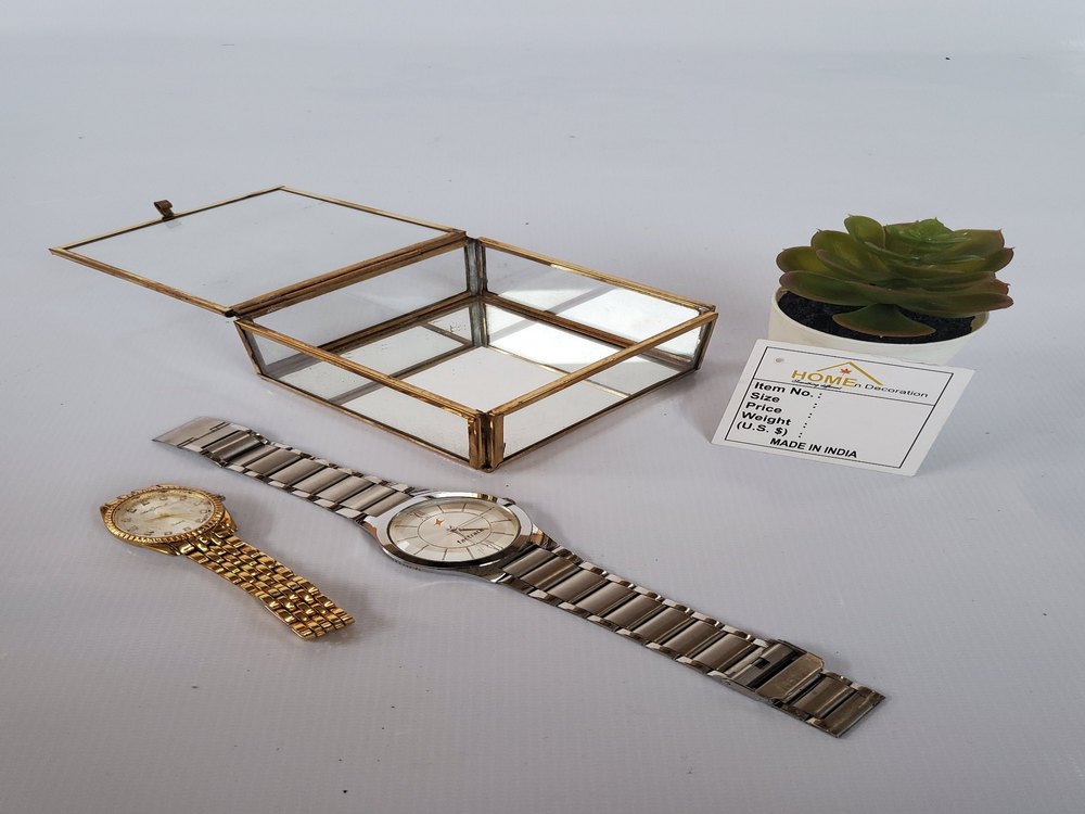 NATURAL GLASS BRASS & GLASS SQUARE JEWELLERY CASE, For HOME