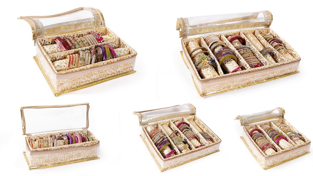 Rectangle Indian Quilted Brocade Fabric Gold Bangle Box