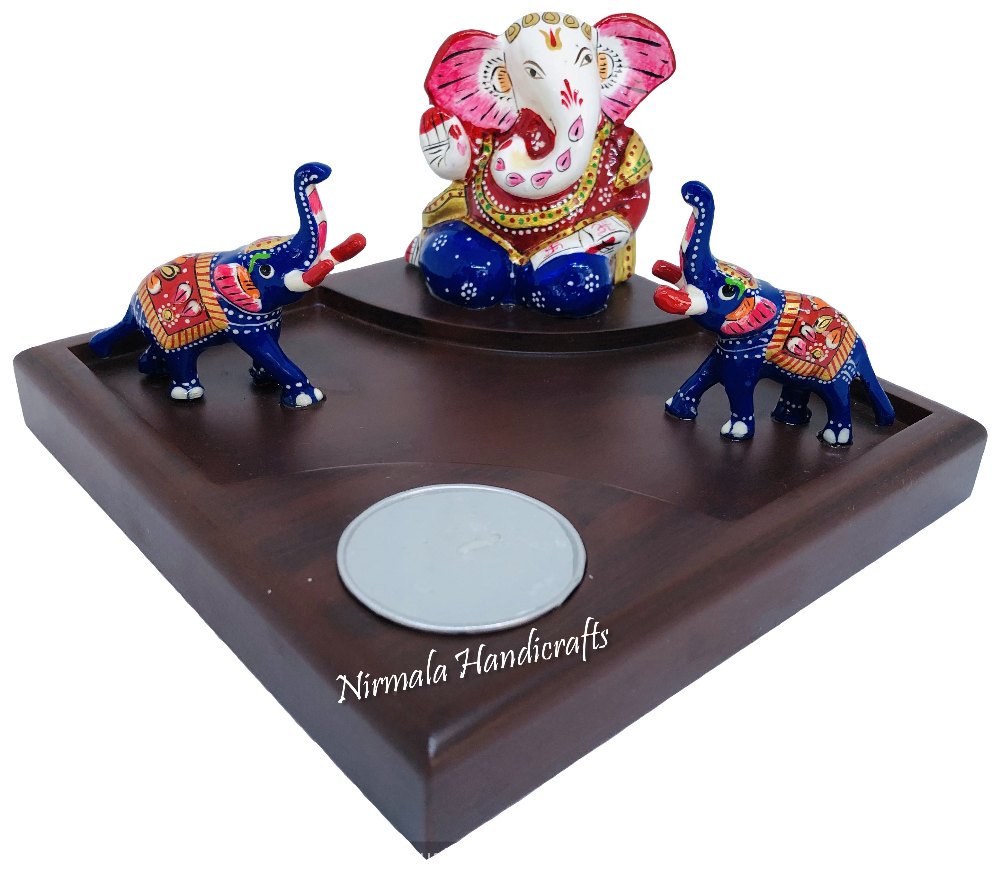 Nirmala Handicrafts Metal Ganesha Statue Pawti With Elephant & Candle Stand Enamel Work Item