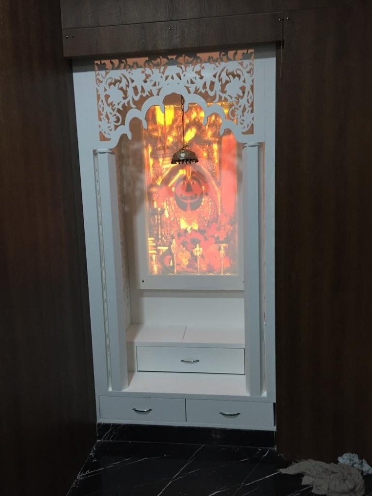 White Polished Designer Corian Mandir, For Home