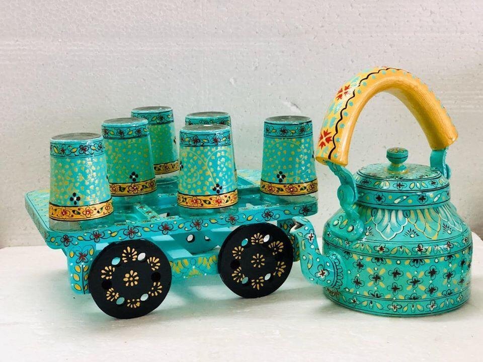 Hand Painted Kettle With Glasses In Trolley