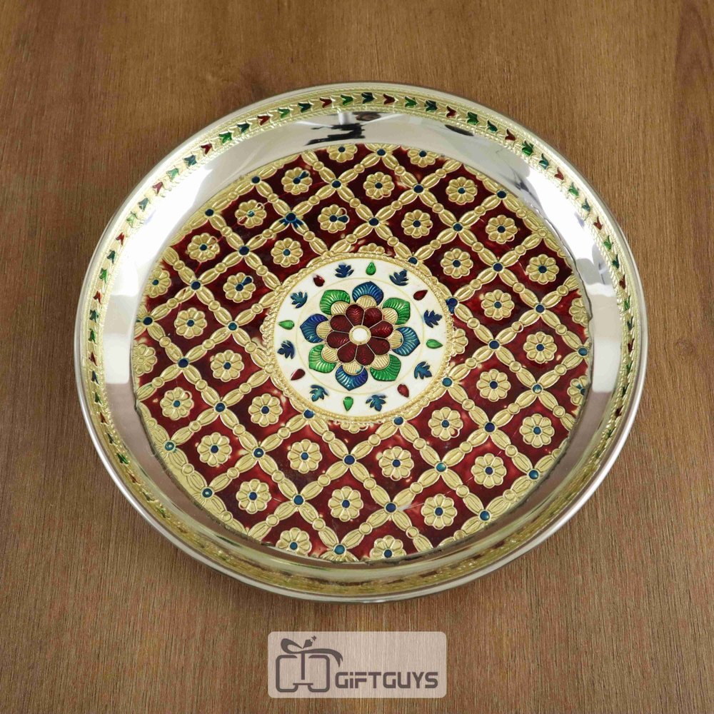 Silver Steel Meenakari Worked Plate, 8.25 Inch