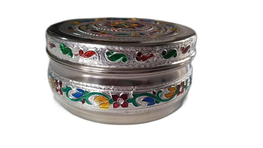 Multicolor Flower Stainless Steel Round Meenakari Box, For Storage