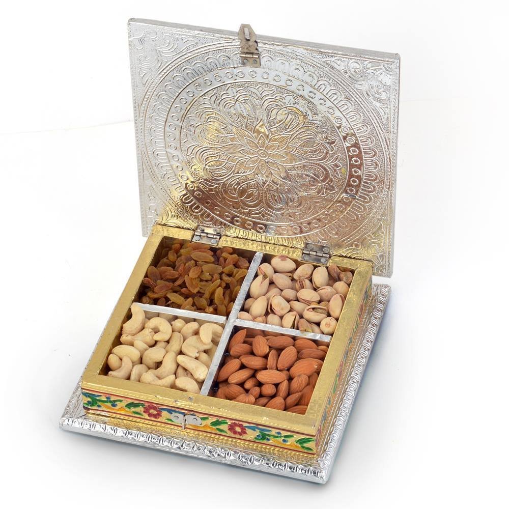 Silver And Golden Wooden Meenakari Dry Fruit Box, Size/Dimension: 6x6x3 Inch