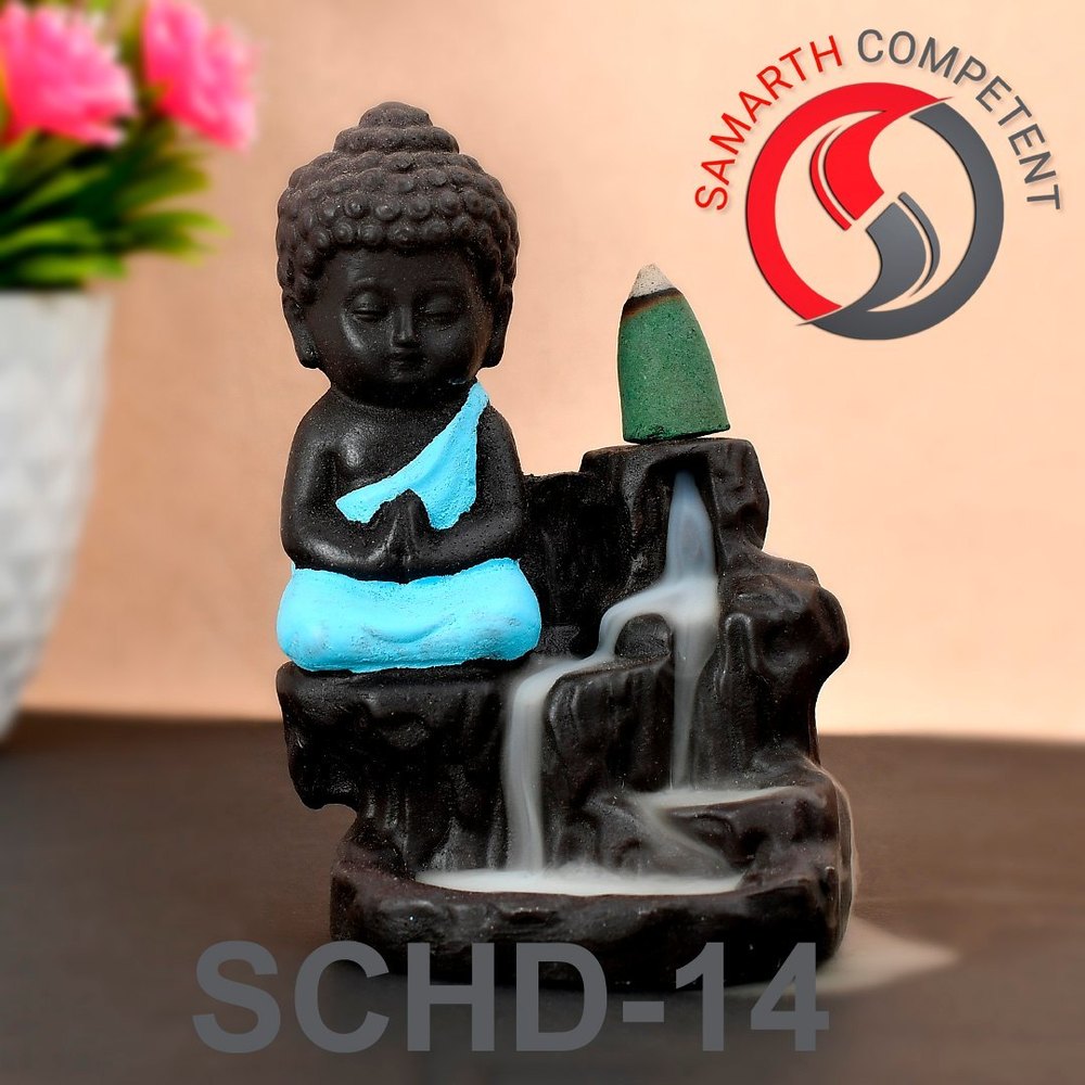 SAMARTH COMPETENT Black And Sea Blue Home Decor Smoke Fountain Buddha Statue, Size/Dimension: 12x6.5 cm (hxw)