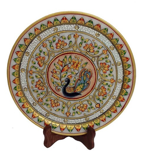 Multicolor Marble/Gold Leaf Painting Decorative Marble Plate, For Gifting, 12 Inches