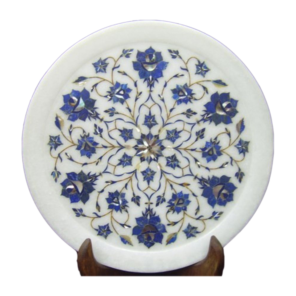 White Floral Design Inlaid Marble Tray Plate