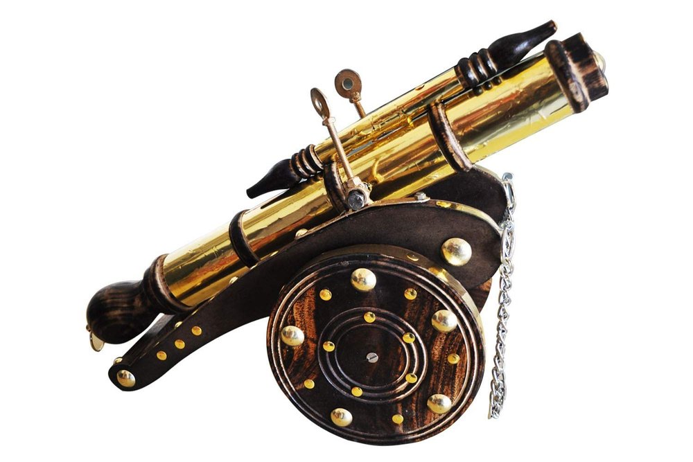 Sankalan Creations Wood Brass Cannon Tope/Wooden Decorative CannonTope Showpiece for Home