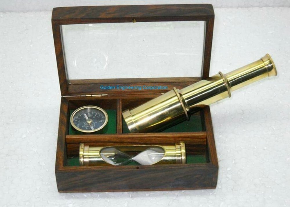 Antique Nautical 3 Pieces Gift Set Brass Compass Sand Timer, For Decoration