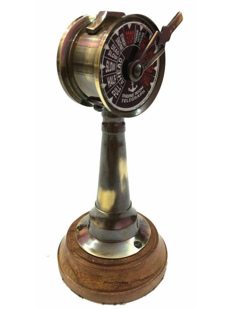 Engine Room Telegraph Marine Antique Table Top Brass & Wooden Base Nautical Gift