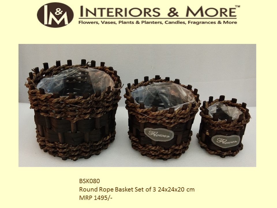 Brown Bamboo Round Rope Basket, Size: 24 X 24 X 20 Cm
