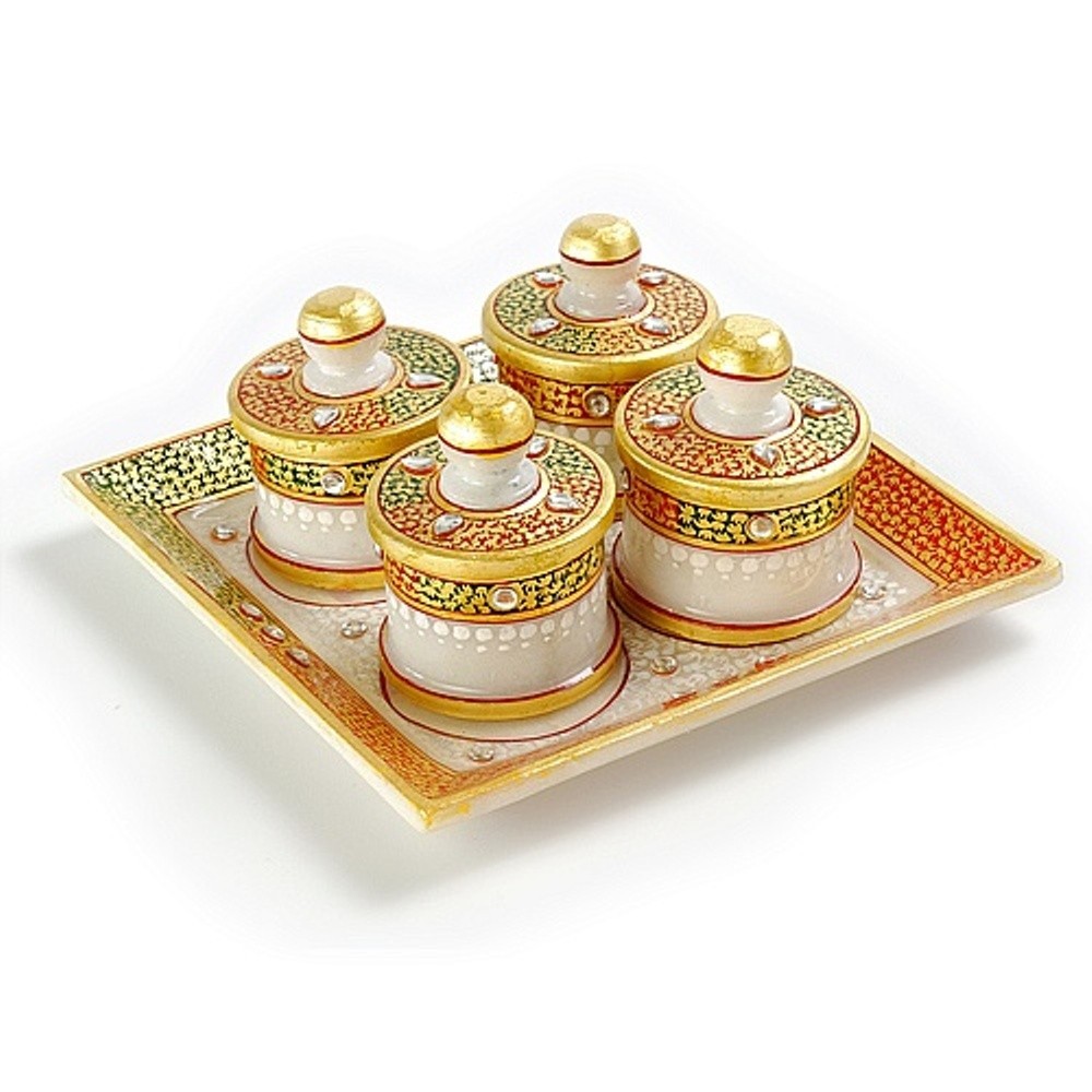 MARBLE White Dry Fruit Box with Tray, For Home, 9 Inch By 9 Inch