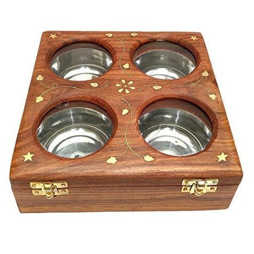 Square Brown 4 Bowl Wooden Dry Fruit Box