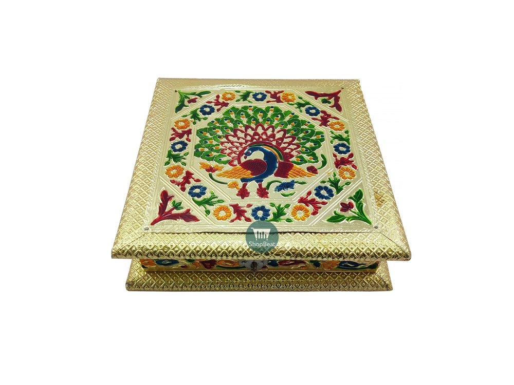 ShopBeat Golden Meenakari Peacock(left) Wooden Dry Fruit Box 8x8 inch, Box Capacity: 500 gms