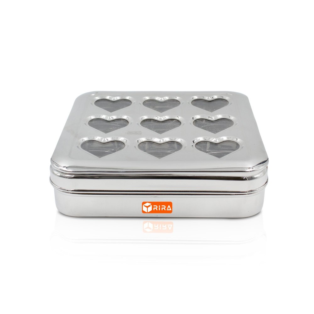 Metal SQUARE 9 IN 1 DRY FRUITS & SPICE BOX ( HEART CUTTING)
