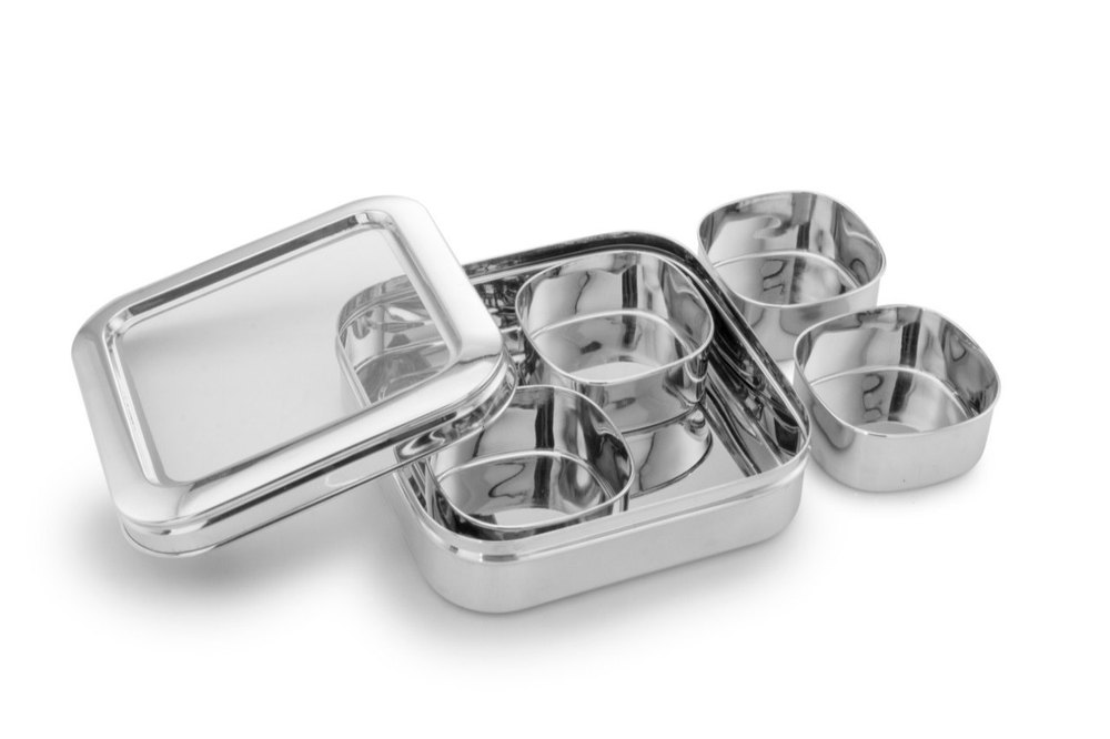 Bluebird SS Square Dry Fruit Dabba/Masala Dabba (C\'THRU LID, NO.13, 4 Bowls) for Storing Dry Fruits