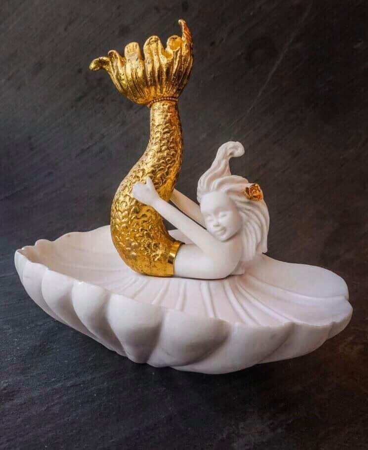 Marble Dust White With Gold Platting Mermaid Statue