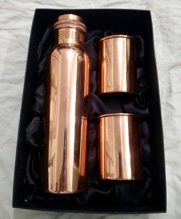 Copper Water Bottle With Glass Gift Set, Packaging Type: White Corrugated Box