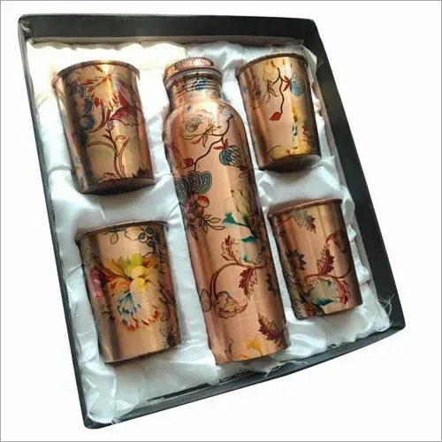Printed Copper Bottle Gift Set With 4 Glass Set, Copper Bottle Glass Set For Ayurvedic Gym