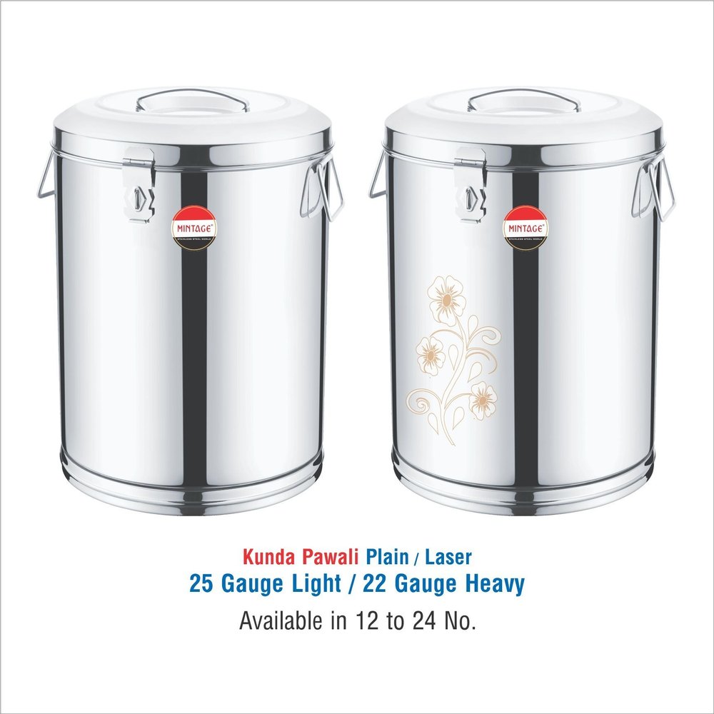 Silver Stainless Steel Kunda Pawali-plain, Capacity: 13 Ltr To 62 Ltrs, Size: Standard
