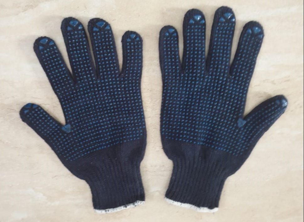 Blue Hand Gloves Cotton Knitted Polka Dotted On Palm Side 80 Gm, Size: Free Size