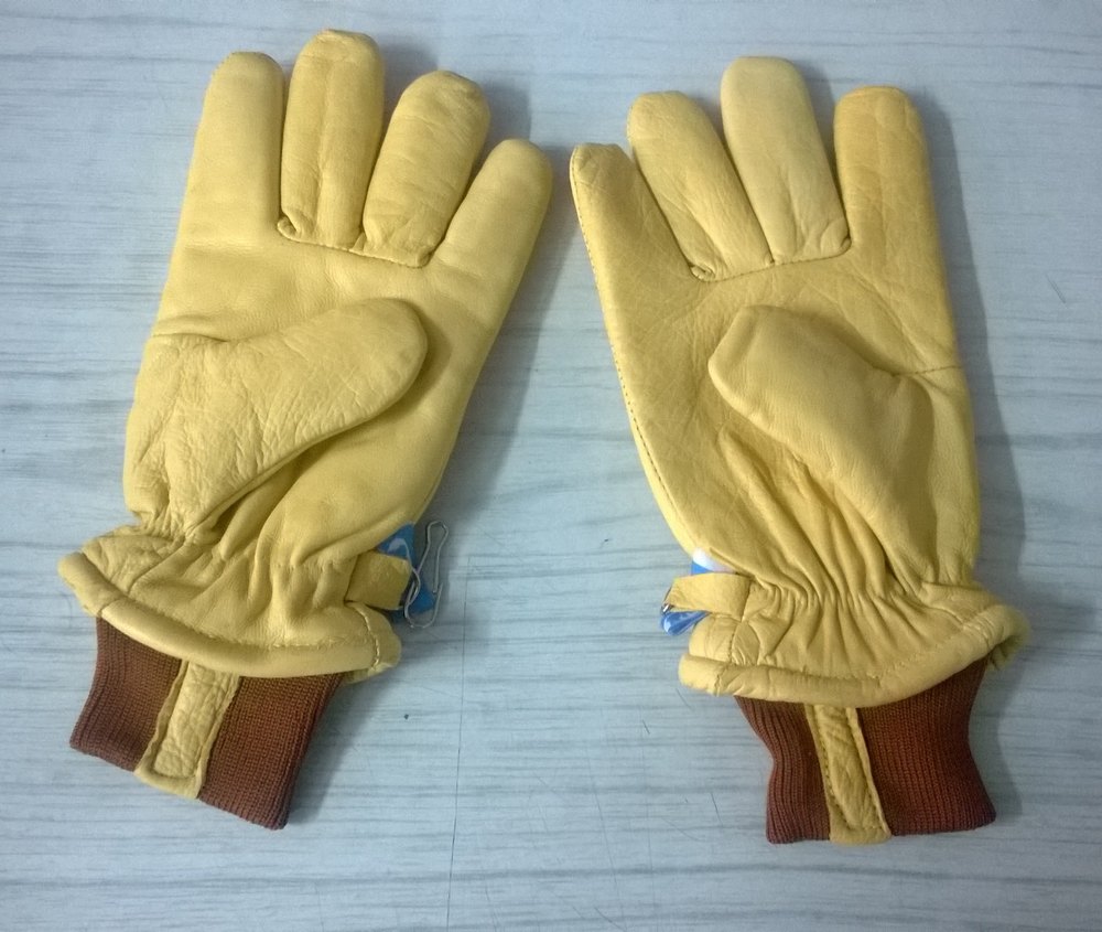 Unisex Yellow, Brown Leather Freezer Gloves