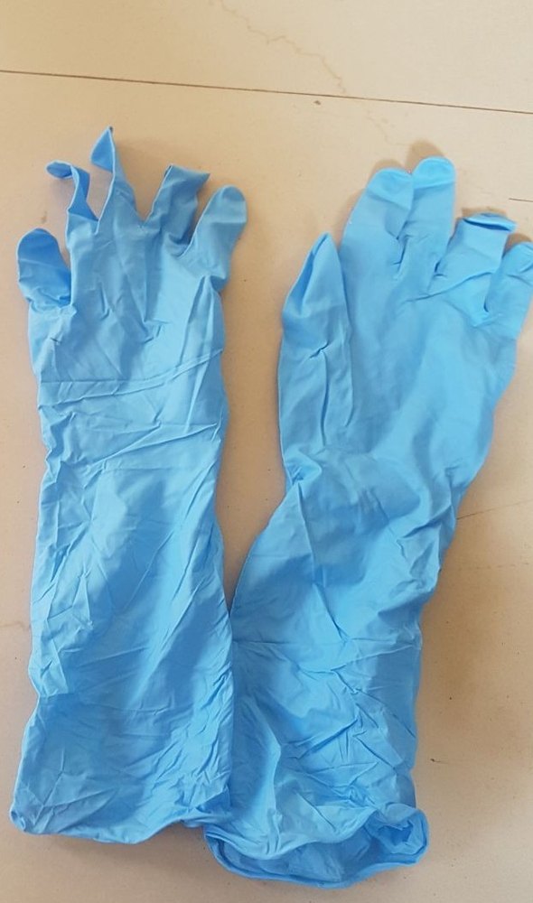 Blue Nitrile Long Cuff Gloves, Size: 16 Inch