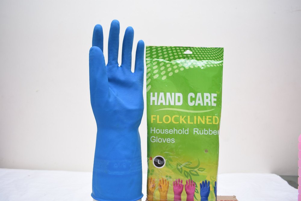 Flock Lined Household Blue Rubber Hand Gloves