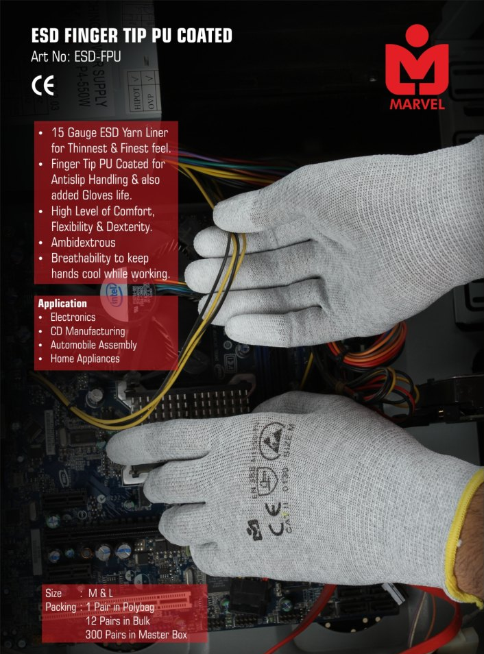 Marvel Full Finger Lint Free Gloves, Model Name/Number: Esd Pu