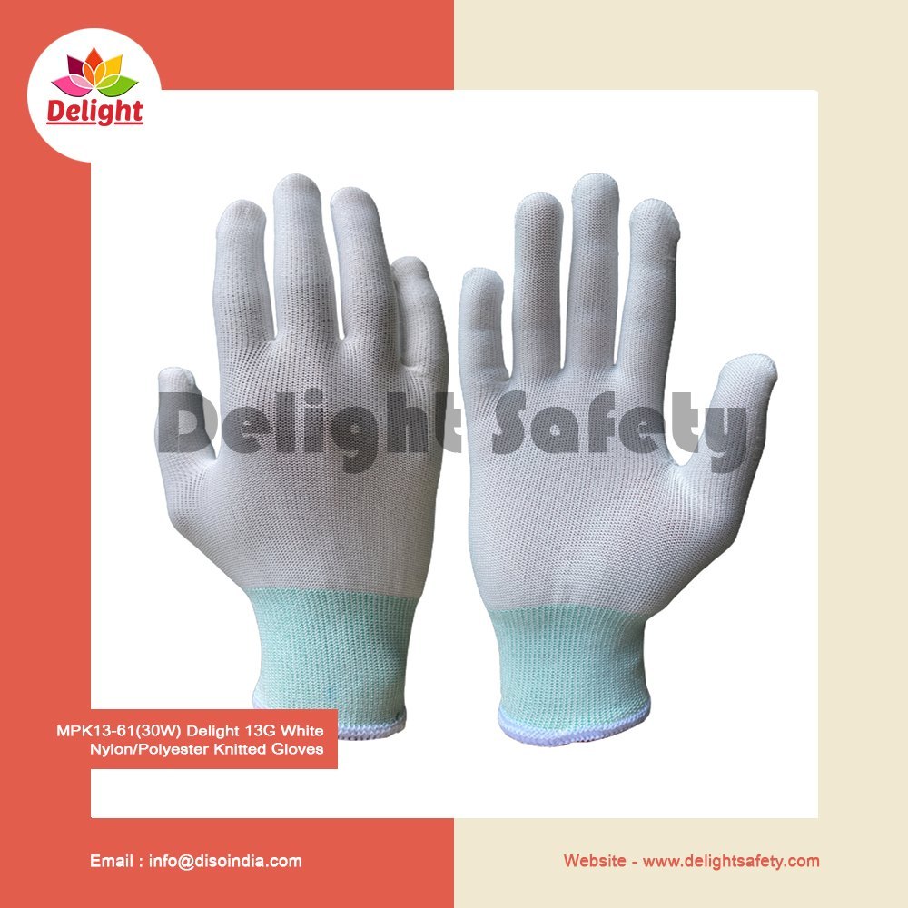 White Delight 13 Gauge Nylon Knitted Gloves, For Industrial, Free Size