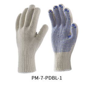 White and Blue Free Size Poly Knitted Seamless Gloves with PVC Dots