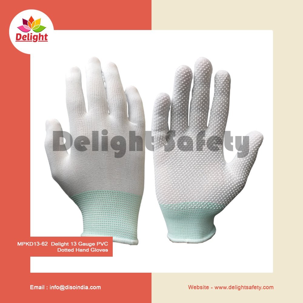 White Polyester Delight MPKD13-62 13 Gauge PVC Dotted Hand Gloves, Size: Free Size