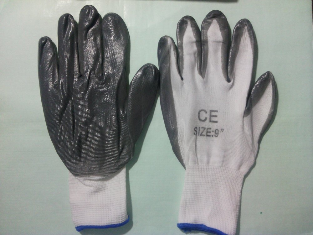 9 Inch Grey and White Nitrile Coated Gloves