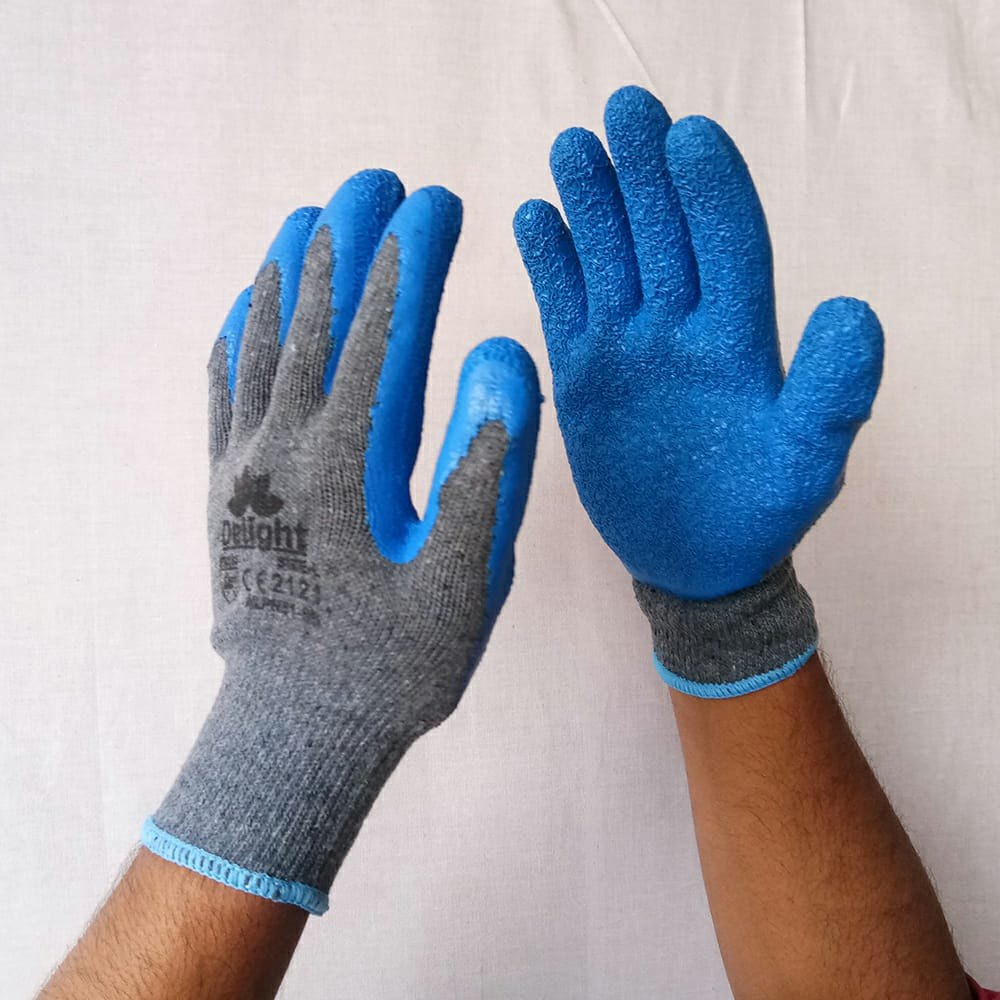 Knitted Gray, Blue Latex Coated Safety Gloves, 1-5 Inches, Finger Type: Full Fingered