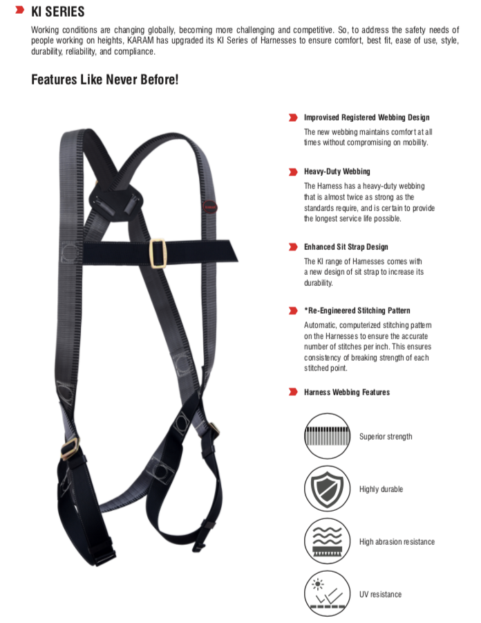Polyster GREY KARAM KI01 FULL BODY HARNESS, Model Name/Number: KI01(PN206D)(PP)(2.0M), Size: 2 Mtr Long Lanyard