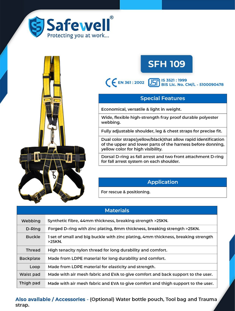 Yellow Full Body Harness, For Fall Protection, Model Name/Number: SFH-109