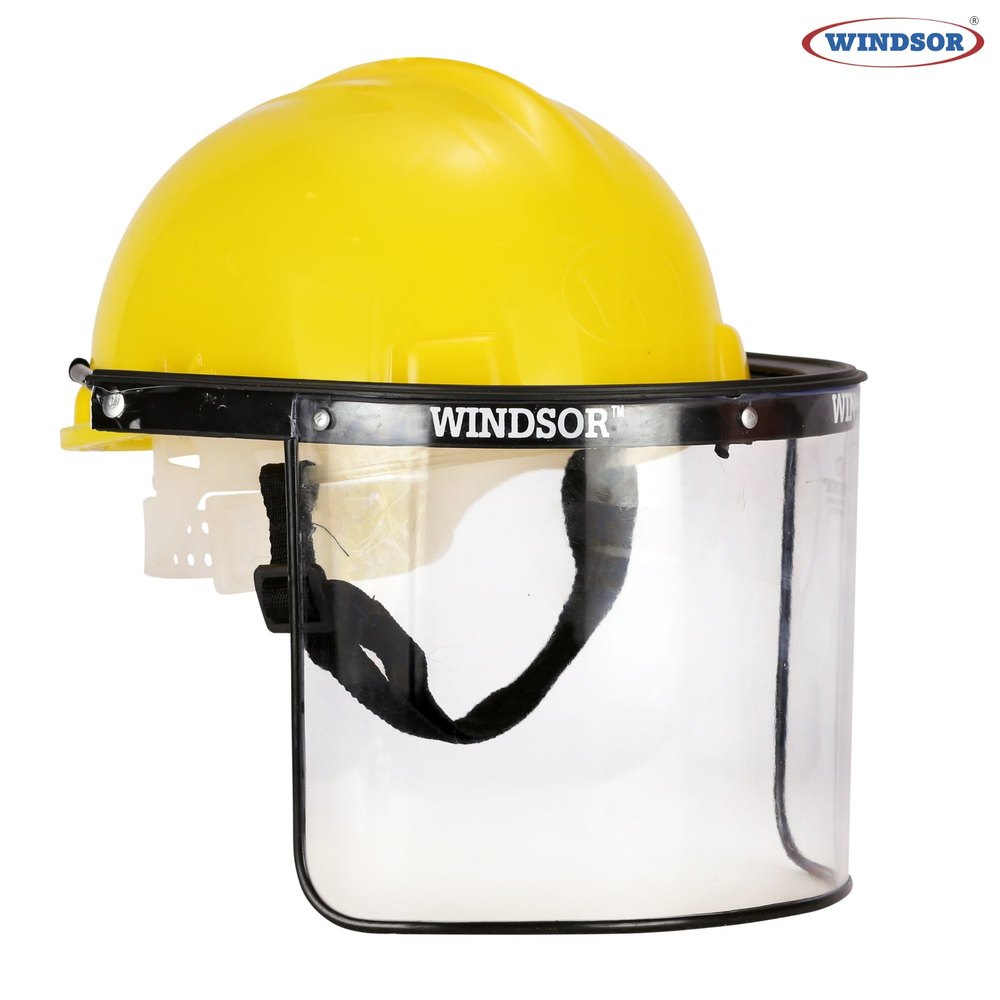 Yellow Windsor Safety Helmet (Nape) With Spring Face Shield (6X12) - 24 Pcs, Size: 6x12 Inch, Free Size