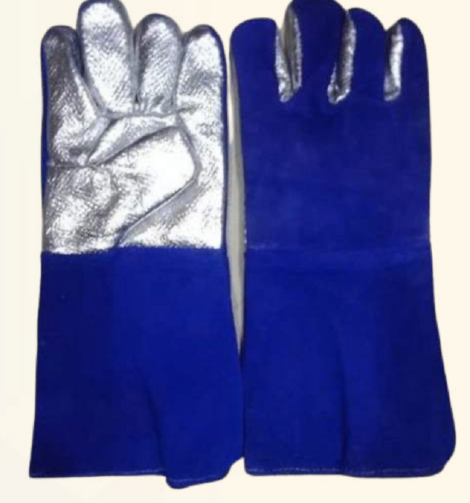 Aluminium Silver And Blue SafeKraft Aluminized Leather Hand Gloves, Size: Large