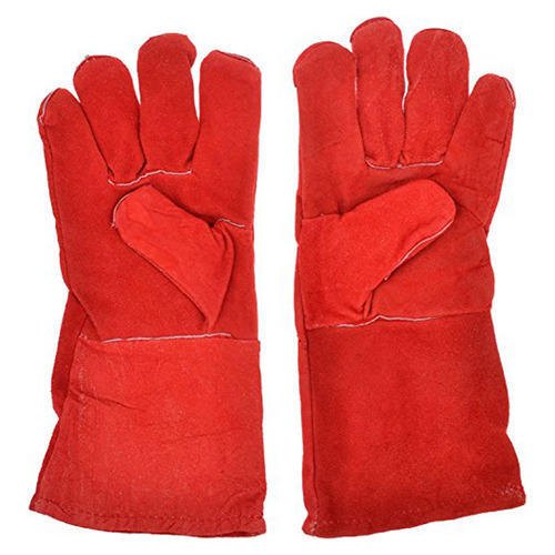 Red Plain Welding Leather Hand Gloves, Finger Type: Full Fingered