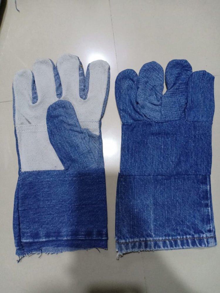 Blue And white Plain Leather Canvas Hand Gloves, For Industrial, Size: Medium